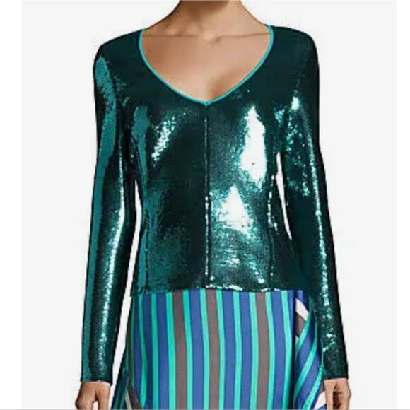 Diane Von Furstenberg Aquamarine Deep V Sequin Long Sleeve Top 6 - Picture 1 of 12